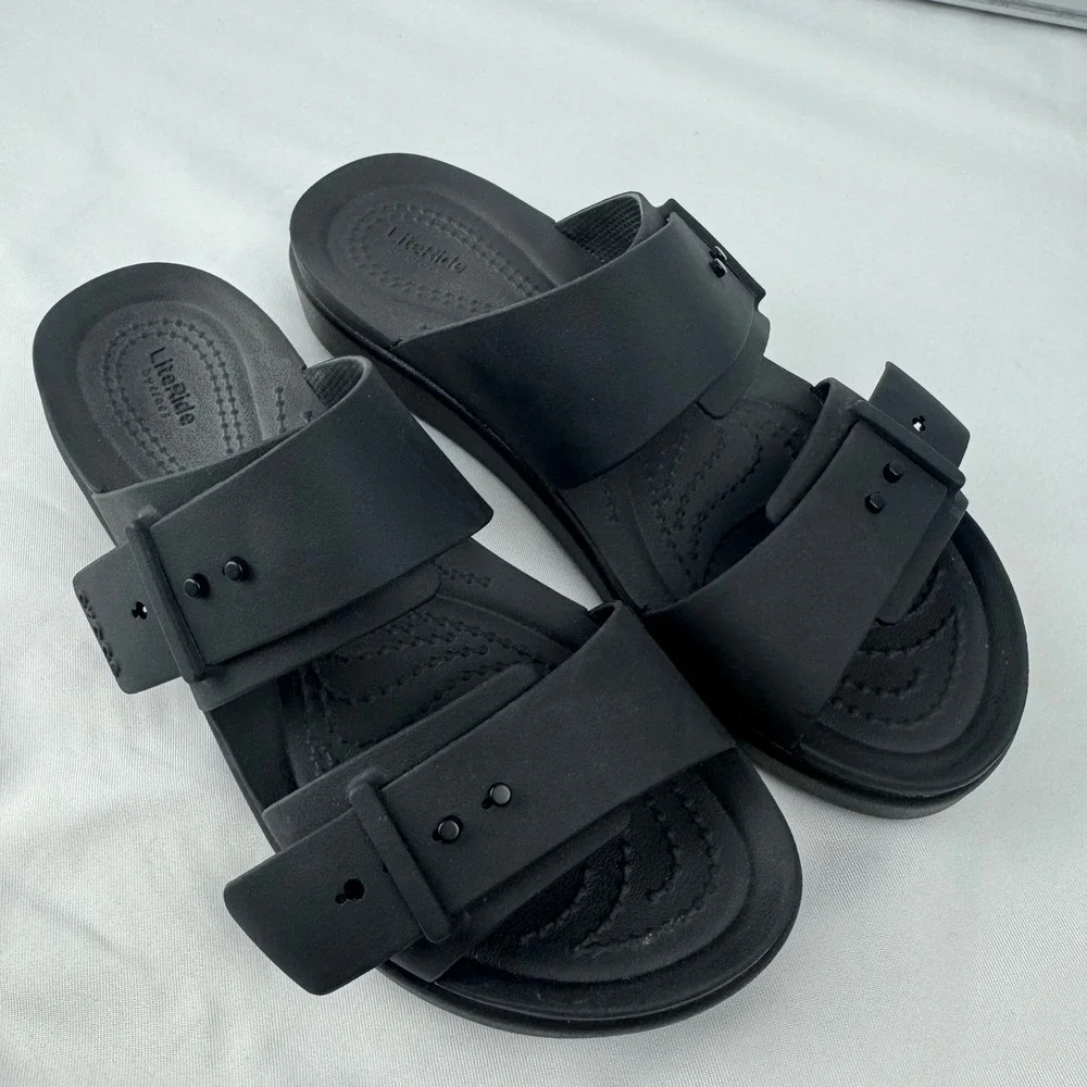 Crocs LiteRide Brooklyn Women Black Adjustable Strap Slides Sandals Size 6 - Picture 3 of 12